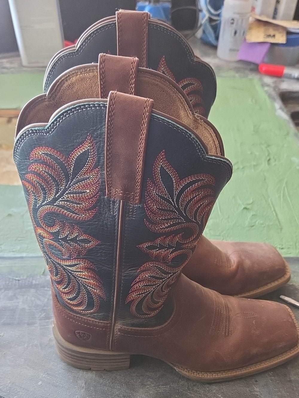 Ariat Brown Leather Western Work Boots with Black Embroidered Shaft